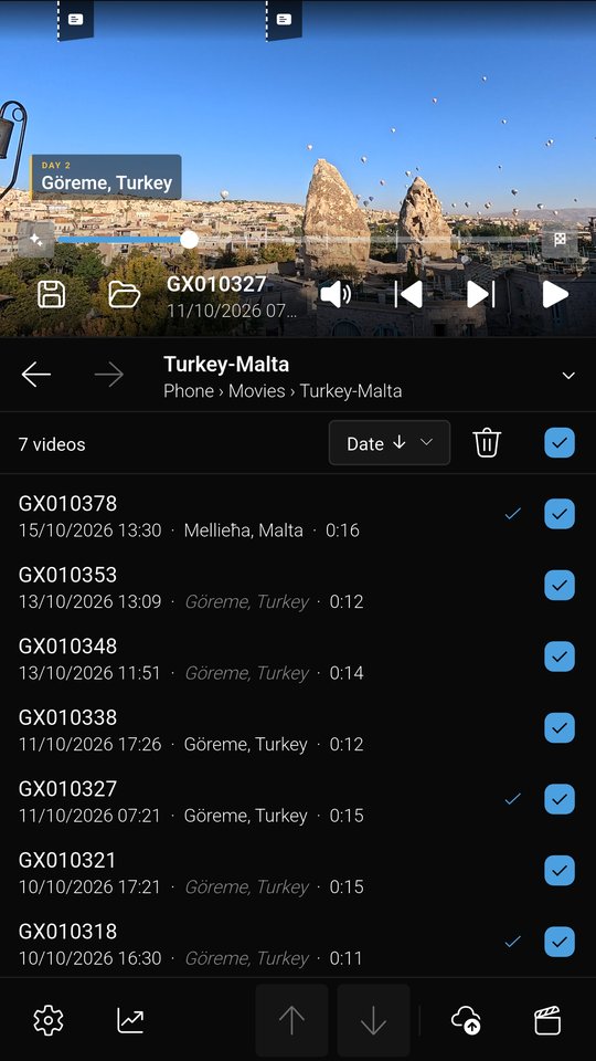 The ticked videos playing as one, with the place title Day 2, Göreme, Turkey