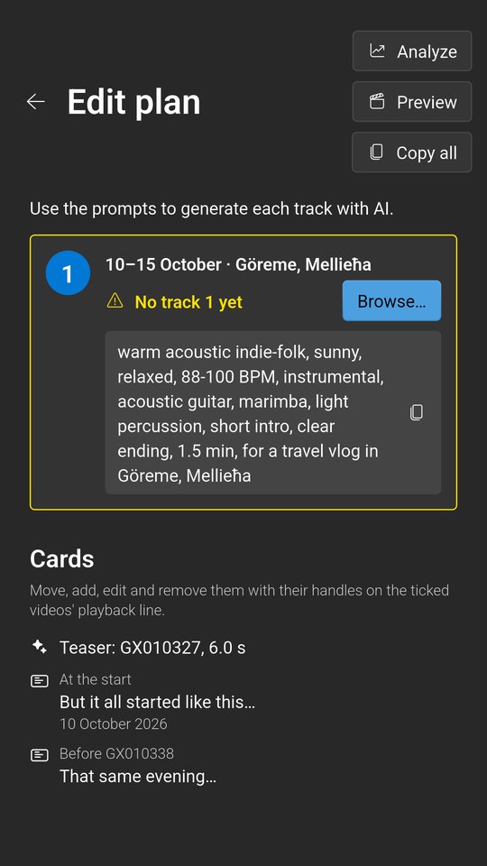 The edit plan: a prompt for the music, the teaser and the title cards