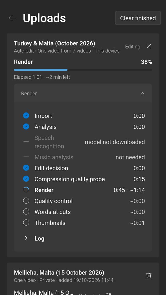 Uploads: Auto-edit making one video from seven, step by step