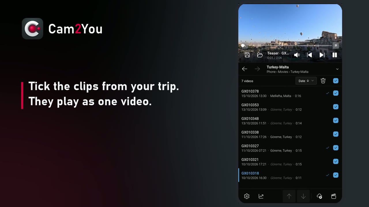 Cam2You on a phone: seven clips from a trip to Turkey and Malta, ticked, playing as one video